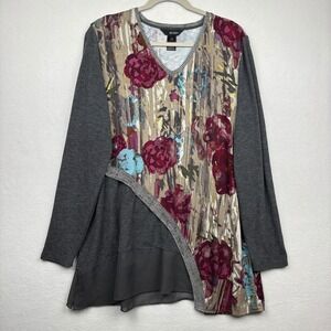 Ali Miles Tunic Top Womens Large Floral Mixed Media Asymmetric Hem V Neck